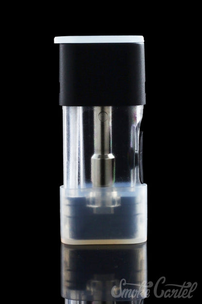 Front view of the Kandy Pens RUBI 1ml Pod, a clear, cylindrical cartridge reflecting light on a dark surface.