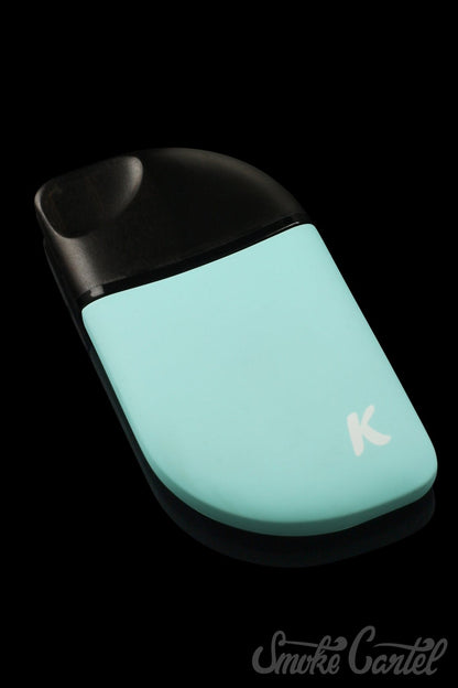 A close-up, angled view of the Kandy Pens Feather Compact Vaporizer, showcasing its sleek, silver finish.