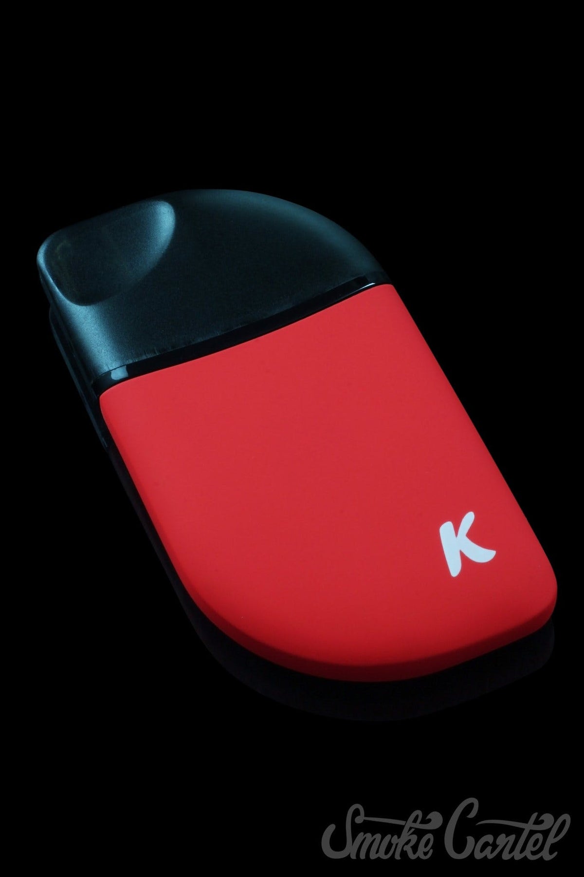 A slightly angled view of the Kandy Pens Feather Compact Vaporizer, showcasing its smooth, dark finish against a black background.