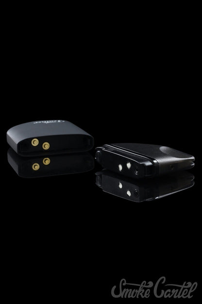 A close-up, angled view of the Kandy Pens Feather Compact Vaporizer in a sleek, dark finish.