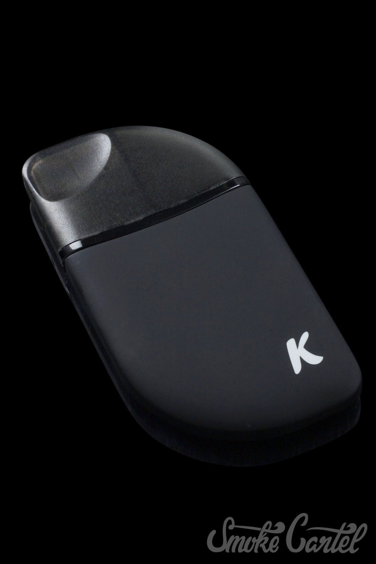 A sleek, angled view of the Kandy Pens Feather Compact Vaporizer, presented against a dark, neutral background.
