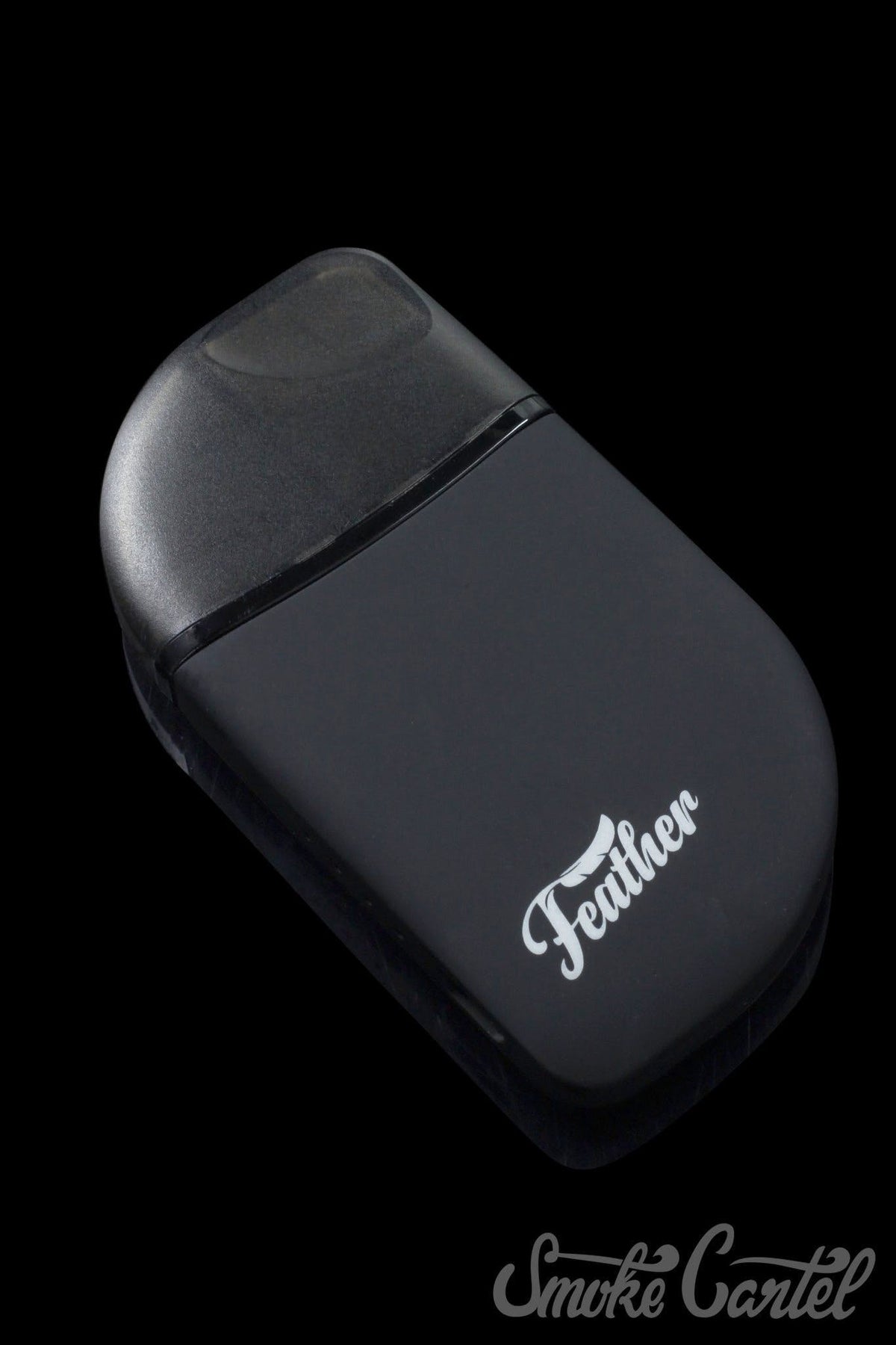 A sleek, angled studio shot of the Kandy Pens Feather Compact Vaporizer, showcasing its minimalist design on a dark background.