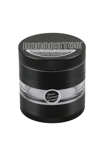 Close-up of the Kannastor 2.5" 4-Piece Grinder, showcasing its metallic finish and circular design against a black backdrop.