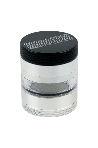 A close-up of the Kannastor Jar Body Multi Chamber 2.2" Grinder, showcasing its cylindrical metal body and multi-tiered chamber design.