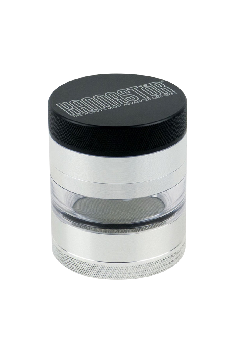 A close-up of the Kannastor Jar Body Multi Chamber 2.2" Grinder, showcasing its cylindrical metal body and multi-tiered chamber design.