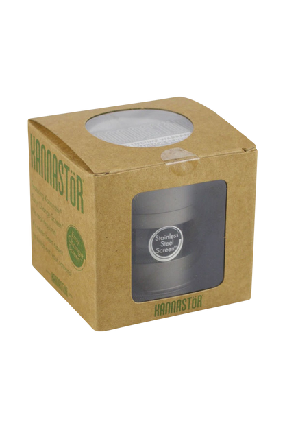 Front view of the Kannastor Gunmetal Multi Chamber Grinder, showcasing its metallic finish and cylindrical shape.