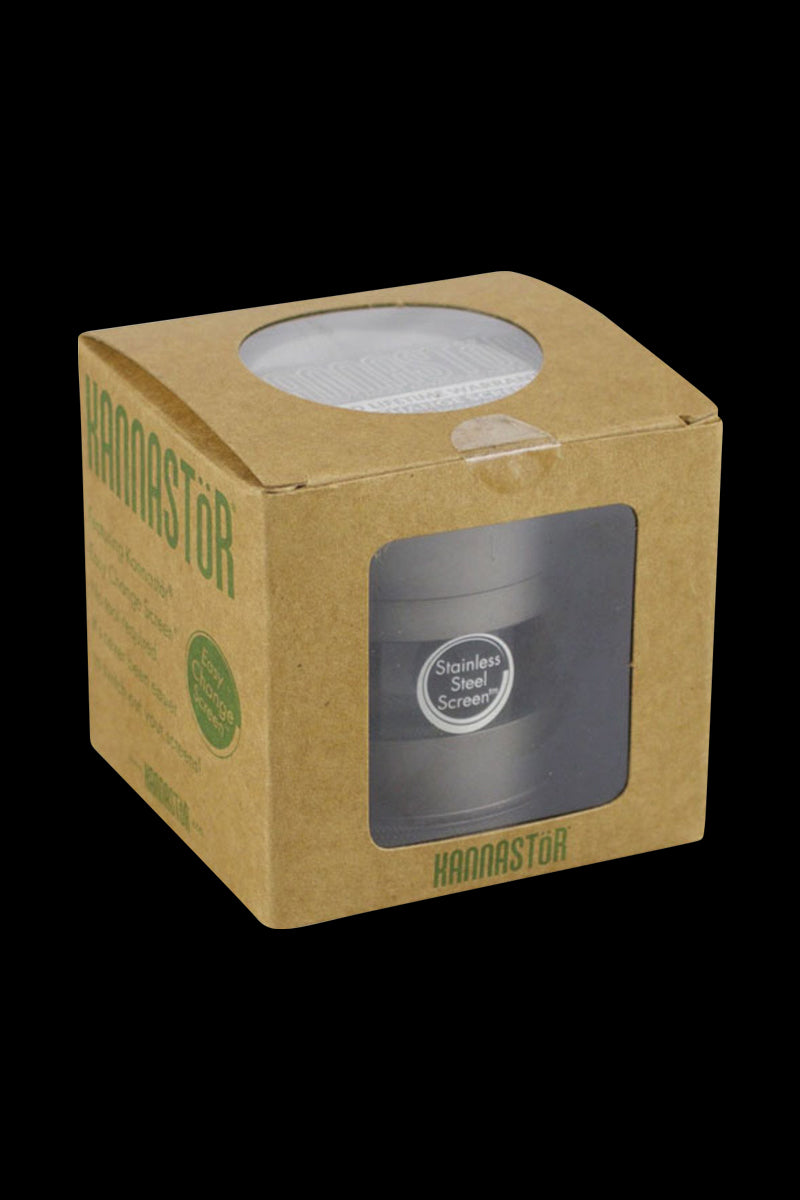 Front view of the Kannastor Gunmetal Multi Chamber Grinder, highlighting its metallic finish and multi-tiered design.