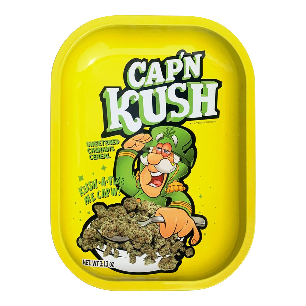 Overhead view of the “Kill Your Culture Cap ‘N’ Kush” rolling tray, featuring cartoon branding on a metallic surface.