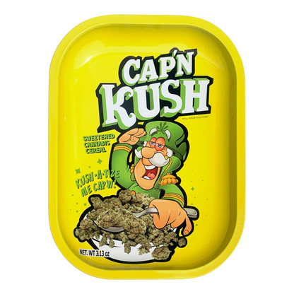 Overhead view of the “Kill Your Culture Cap ‘N’ Kush” rolling tray, featuring cartoon branding on a metallic surface.
