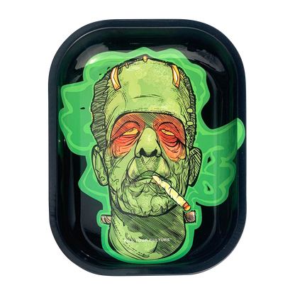 A close-up of the "Kill Your Culture "Frankenstoned" Rolling Tray" featuring a green-toned Frankenstein-inspired design.