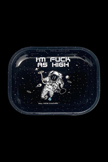 A top-down view of the “Kill Your Culture ‘Fuck As High’” rolling tray featuring a space-themed design with planets and stars.