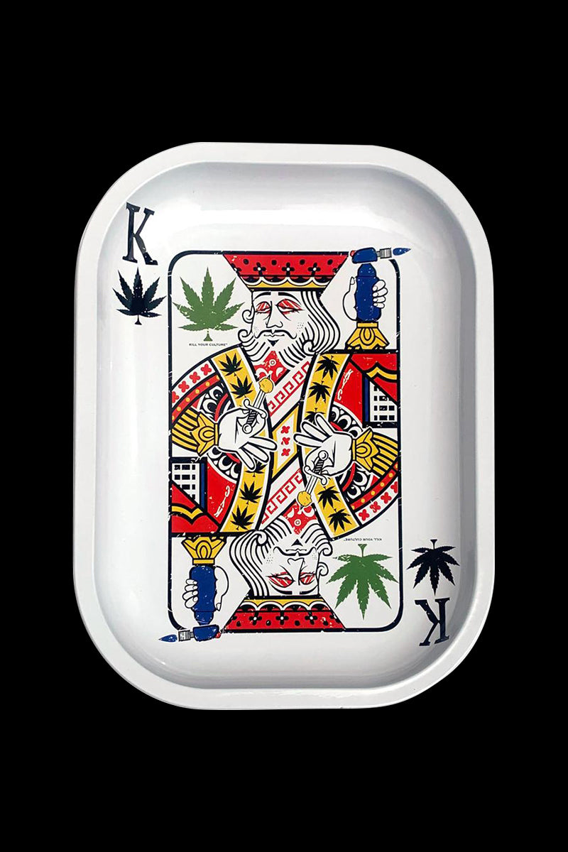 A top-down view of the “Kill Your Culture King of Concentrates” rolling tray, showcasing a colorful king illustration on a metallic surface.