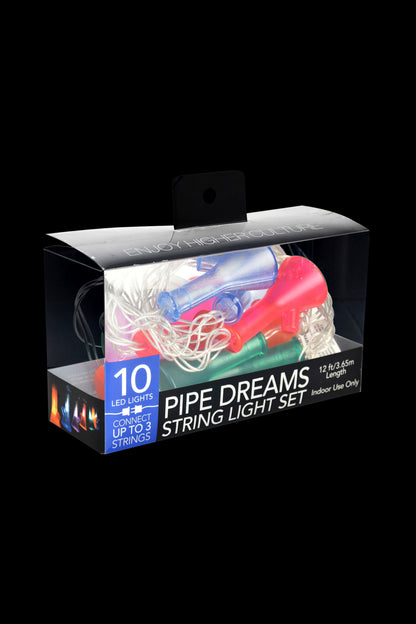 Packaging for “Pipe Dreams” LED string lights, marketed with cannabis-related imagery and branding.