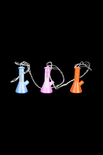 Neon-lit cannabis bongs strung as holiday lights against a black background.
