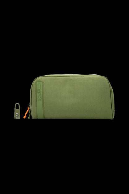 Olive green, smell-proof cannabis accessory case with combination lock and zipper closure.