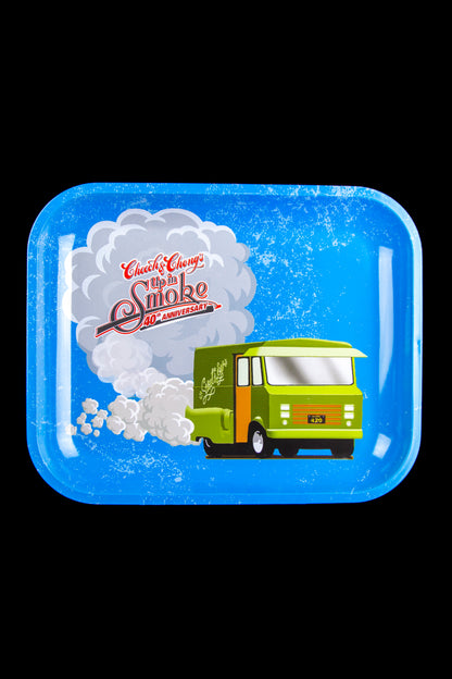 A metal rolling tray featuring artwork from the film "Cheech & Chong's Up in Smoke," depicting a green van emitting smoke with "420" on the license plate.