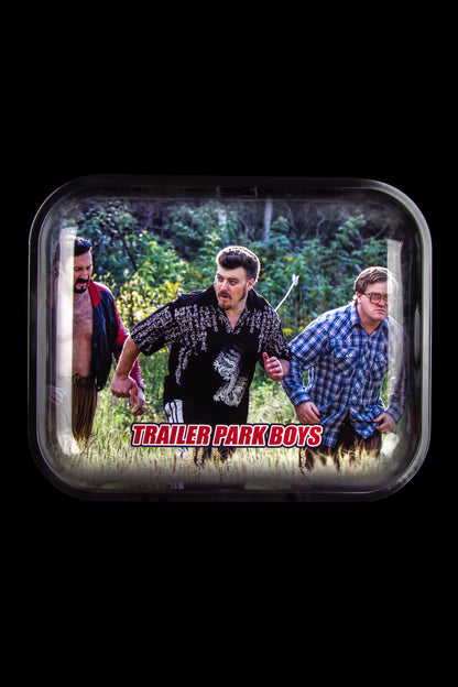 Metal rolling tray featuring Ricky, Julian, and Bubbles from *Trailer Park Boys* running through a forest.