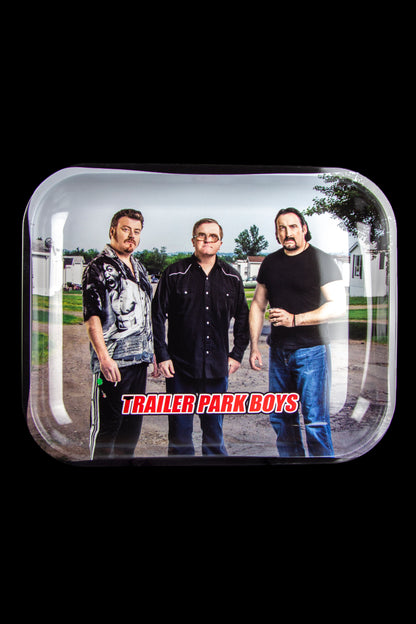 Metal rolling tray featuring the characters from *Trailer Park Boys* with the show's logo across the bottom.
