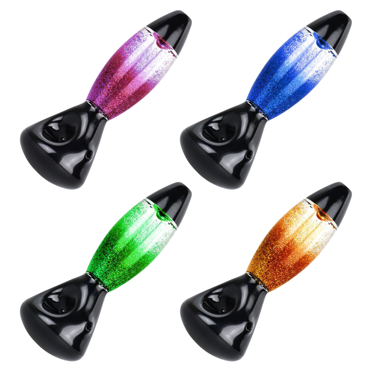 A front view of the Lava Lamp Freezable Glycerin Hand Pipe, showcasing its clear glass design and unique shape.