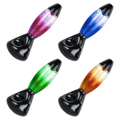 A front view of the Lava Lamp Freezable Glycerin Hand Pipe, showcasing its clear glass design and unique shape.
