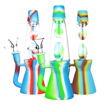 Front view of the Lava Lamp Silicone Water Pipe, showcasing its colorful, textured design in a studio lighting setup. - Lava Lamp Silicone Water Pipe