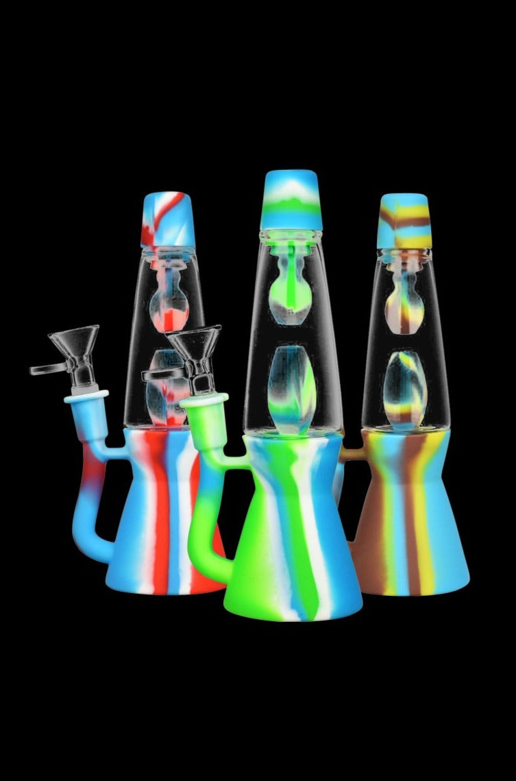 A front view of the Lava Lamp Silicone Water Pipe, showing its colorful, uniquely shaped design against a black background.