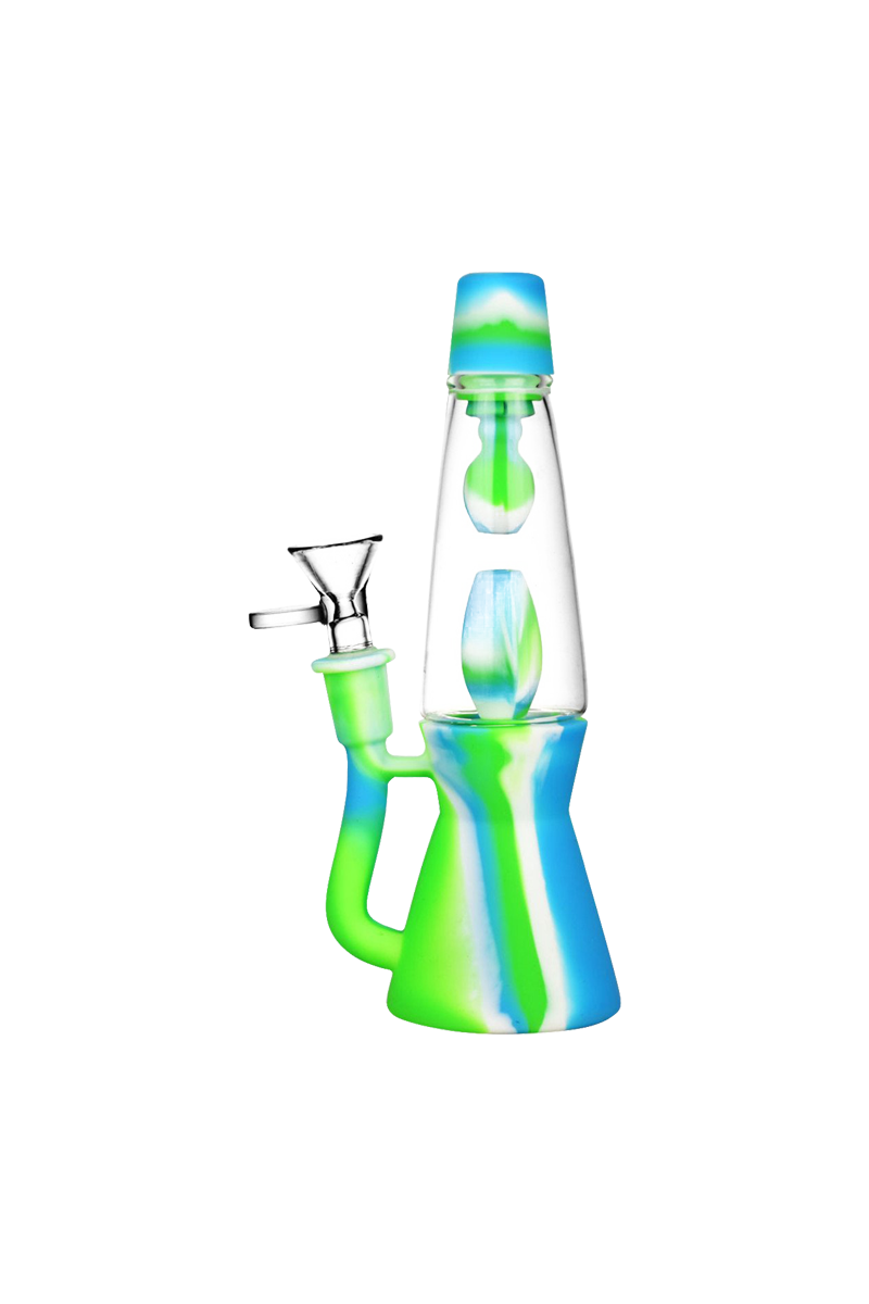 Front view of the Lava Lamp Silicone Water Pipe, a vibrant, translucent green pipe with a curved neck, set against a plain white background.
