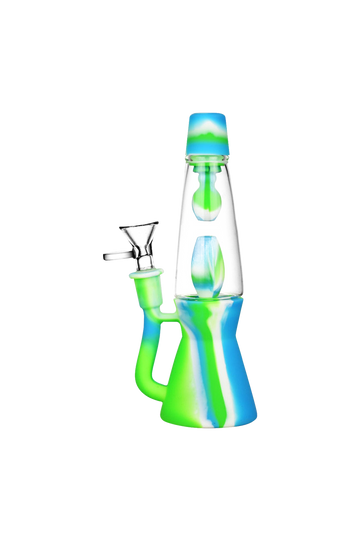 Front view of the Lava Lamp Silicone Water Pipe, a vibrant, translucent green pipe with a curved neck, set against a plain white background. - Lava Lamp Silicone Water Pipe