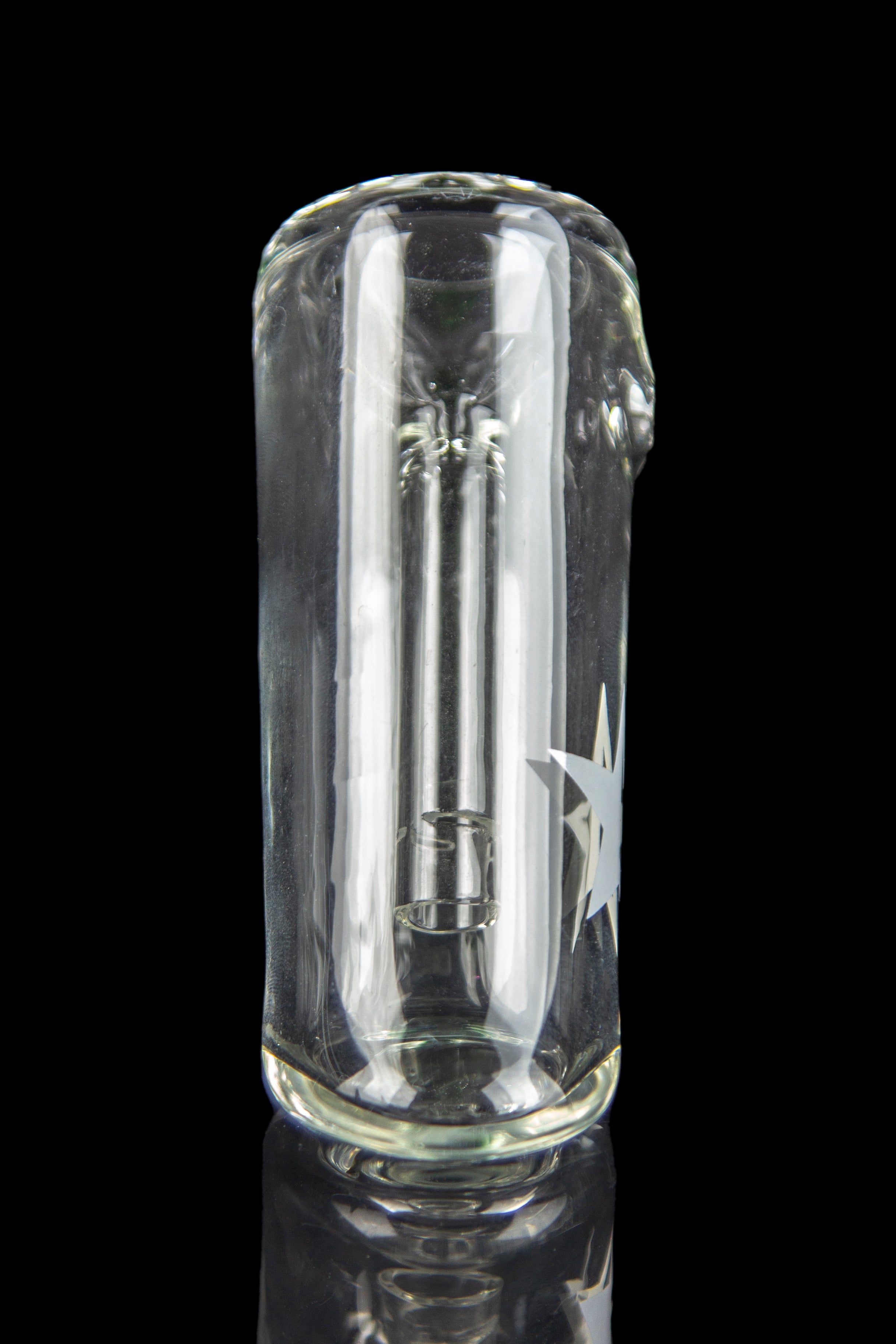 Close-up front view of the Famous X Straight Hammer Bubbler Pipe in clear glass against a black background.