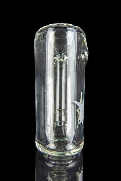 Close-up front view of the Famous X Straight Hammer Bubbler Pipe in clear glass against a black background.