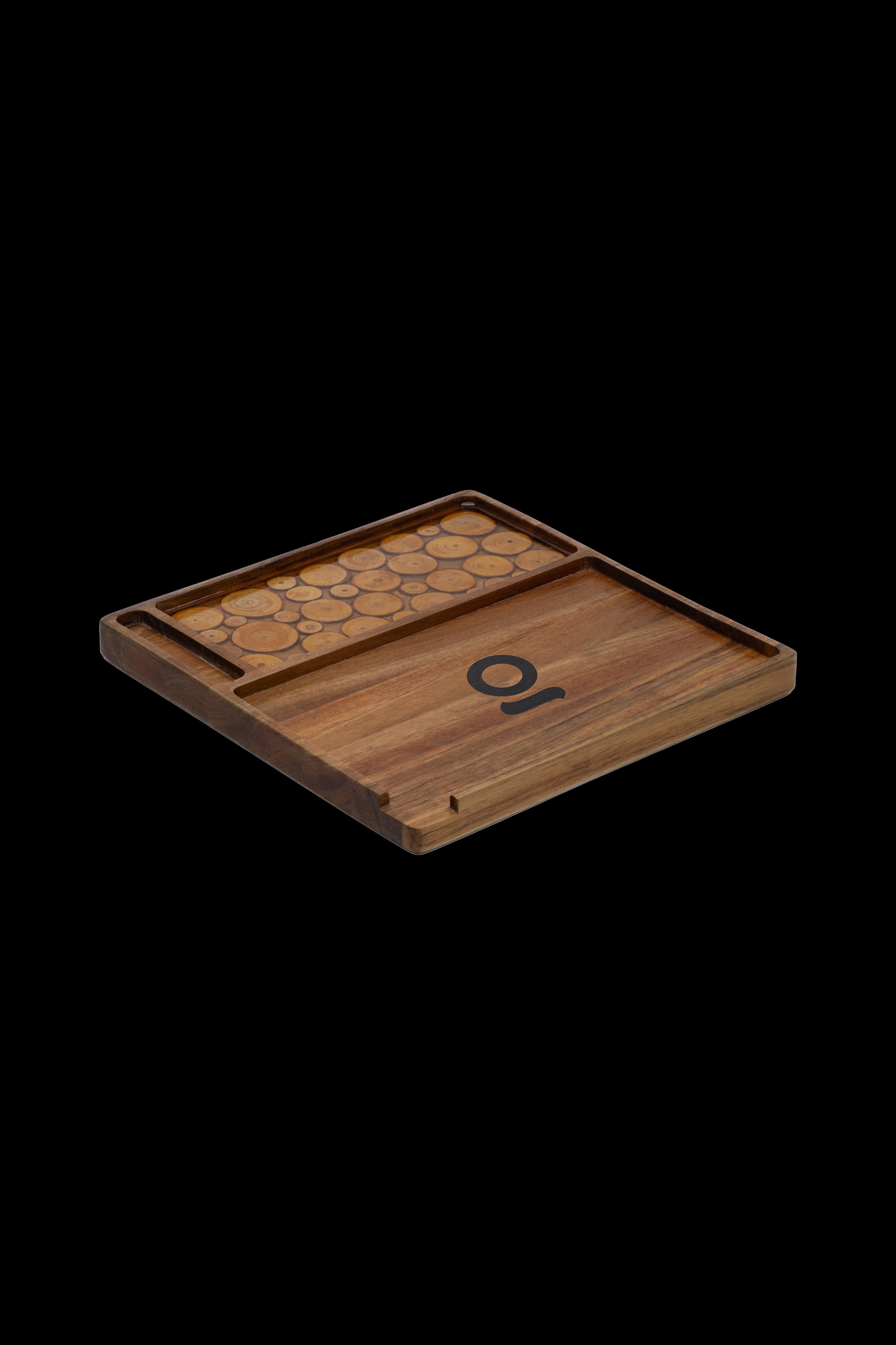 Wooden cannabis rolling tray with patterned insert and logo.
