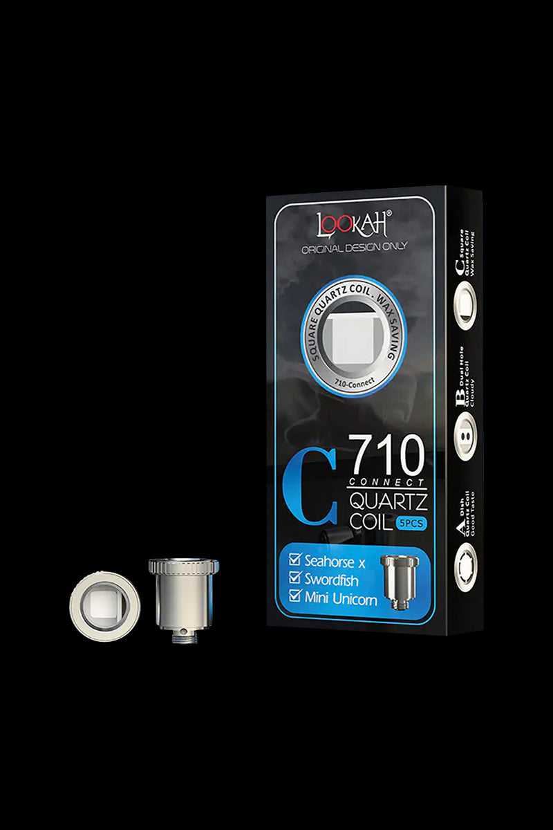 Close-up of the Lookah Seahorse 710 Connect Quartz Coil, showing a square design against a plain black backdrop.