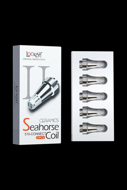A close-up, angled view of the Lookah Seahorse PRO Ceramic Coil 5 Pack, displaying the ceramic coils against a dark background.