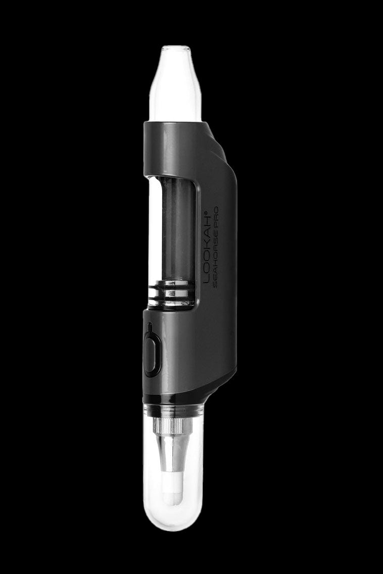 Black cannabis oil vaporizer pen with a glass tank.