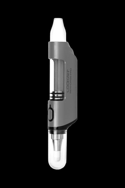 Sleek, black and clear cannabis oil vape pen with a glass reservoir.