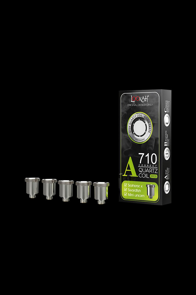 Close-up shot of a 5-pack of Lookah Seahorse X 710 Connect Quartz Coil Dishes against a plain black background.