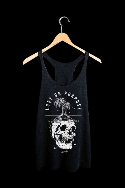 Black tank top with a white skull graphic and palm trees hanging over the eyes, reading "Lost on Purpose," hanging on a wooden hanger against a black background.