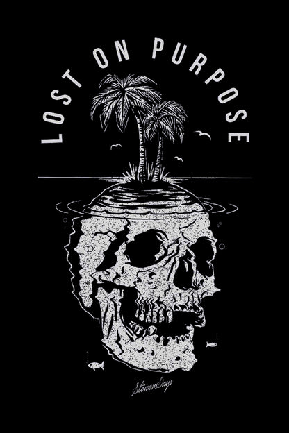 Distressed graphic of a skull with a tropical island scene inside, encircled by the text "LOST PURPOSE".