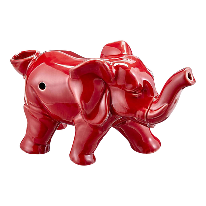 Front view of the Roast & Toast Lucky Elephant Ceramic Pipe, a red, sculpted elephant detailed as a ceramic pipe.