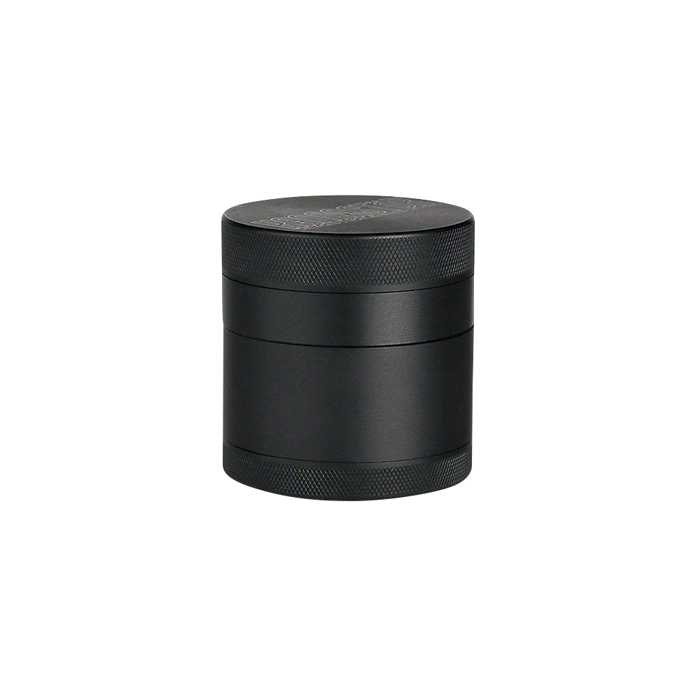 A studio shot of the Kannastor 4-Piece Solid Body Grinder, showcasing its dark metal exterior and four-piece construction.