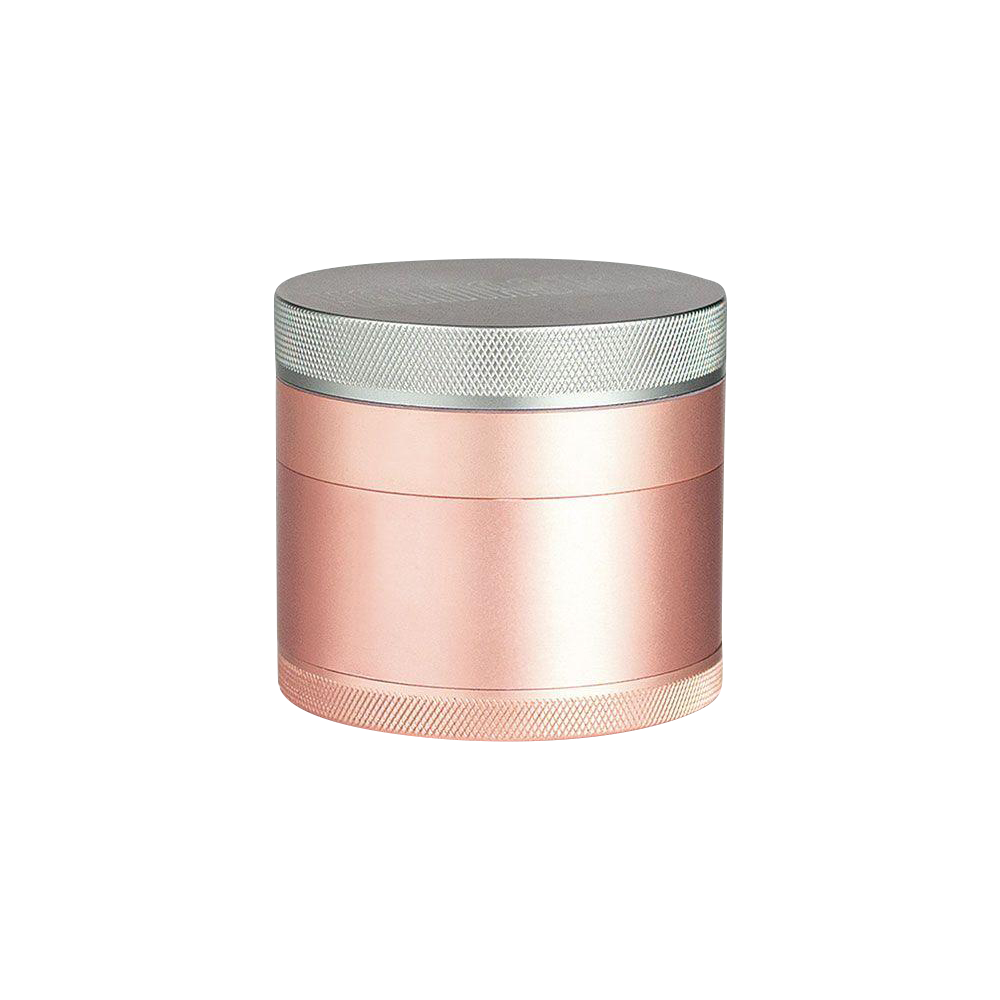 A close-up studio shot of the Kannastor 4-Piece Solid Body Grinder, showcasing its metallic finish and compact, cylindrical form.