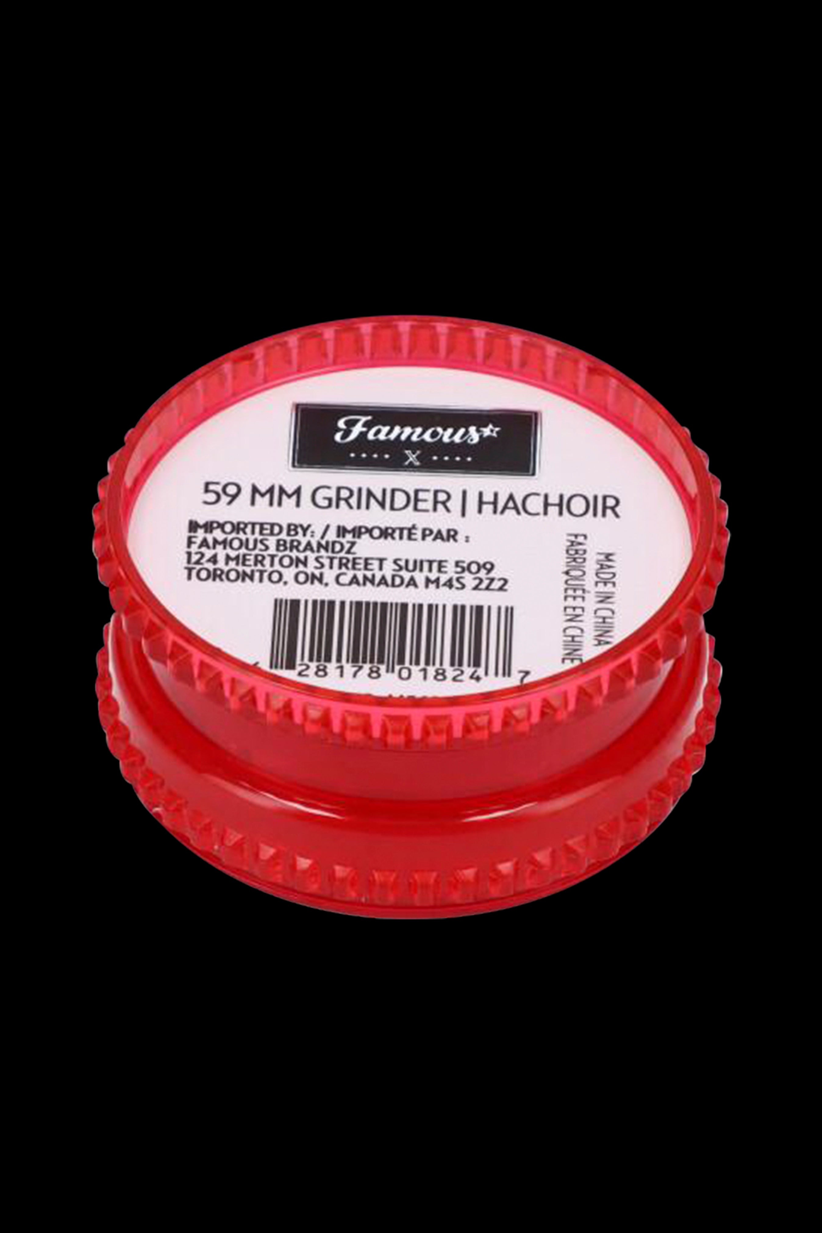 Red cannabis grinder with product details and barcode.
