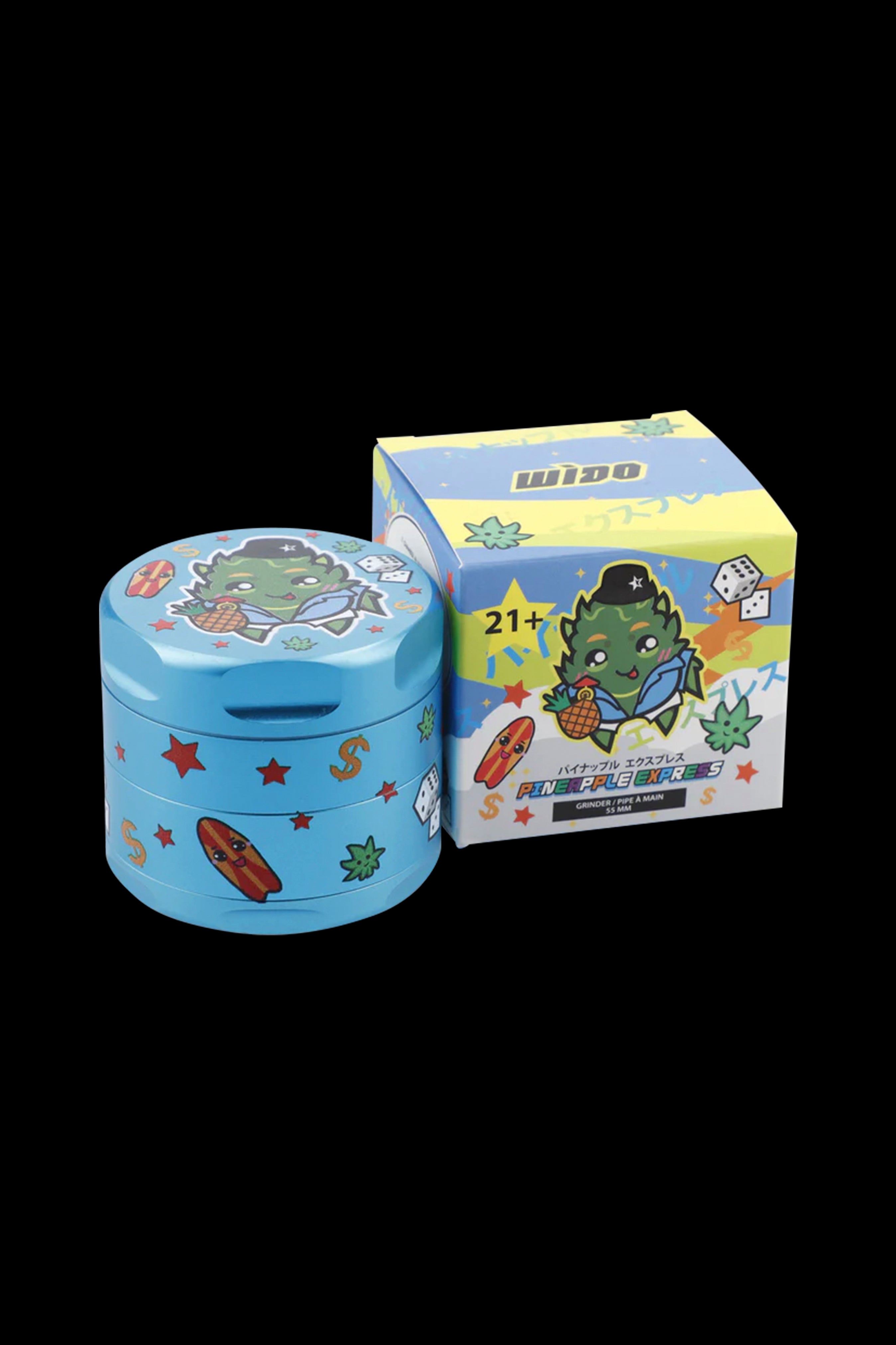 A vibrant blue grinder with a cartoon dinosaur illustration beside its packaging, labeled “Wido” and “Pineapple Express” with a 21+ age restriction.