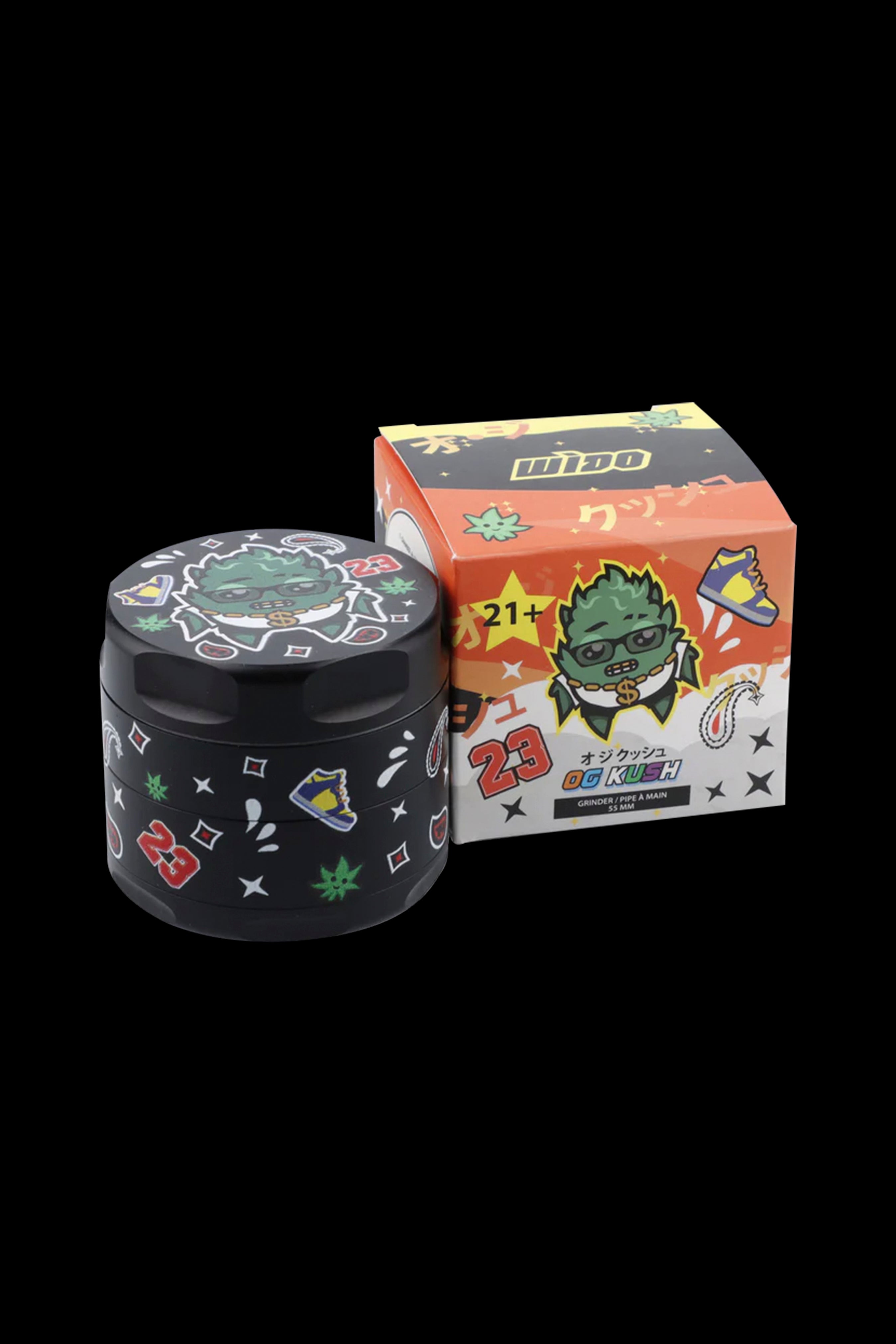 A colorful, patterned cannabis grinder with a cartoon character design on both the grinder and its packaging, labeled "OG Kush".