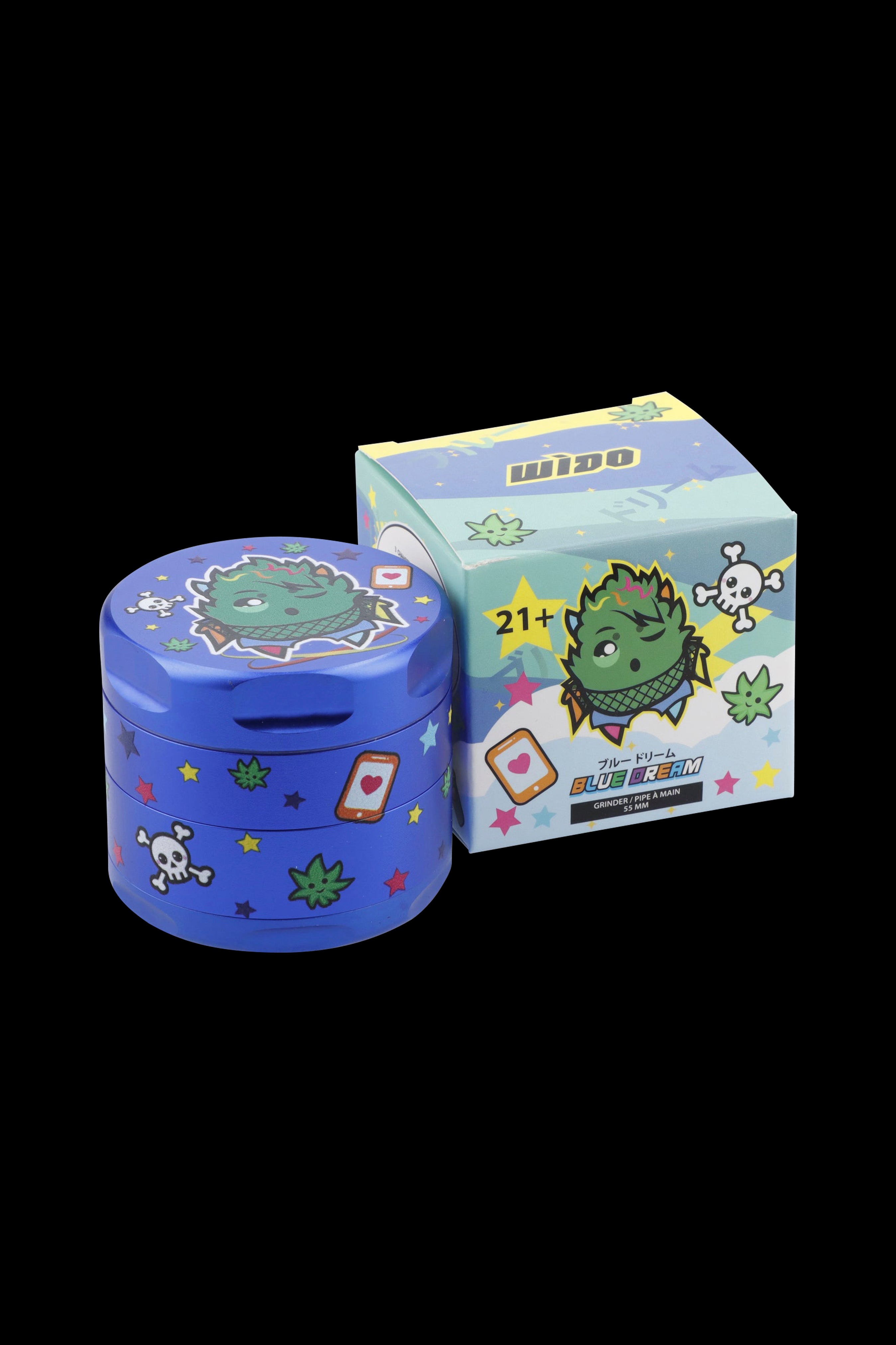 A blue cannabis grinder with a cartoon alien design, displayed with its matching packaging box featuring a "21+" age restriction.