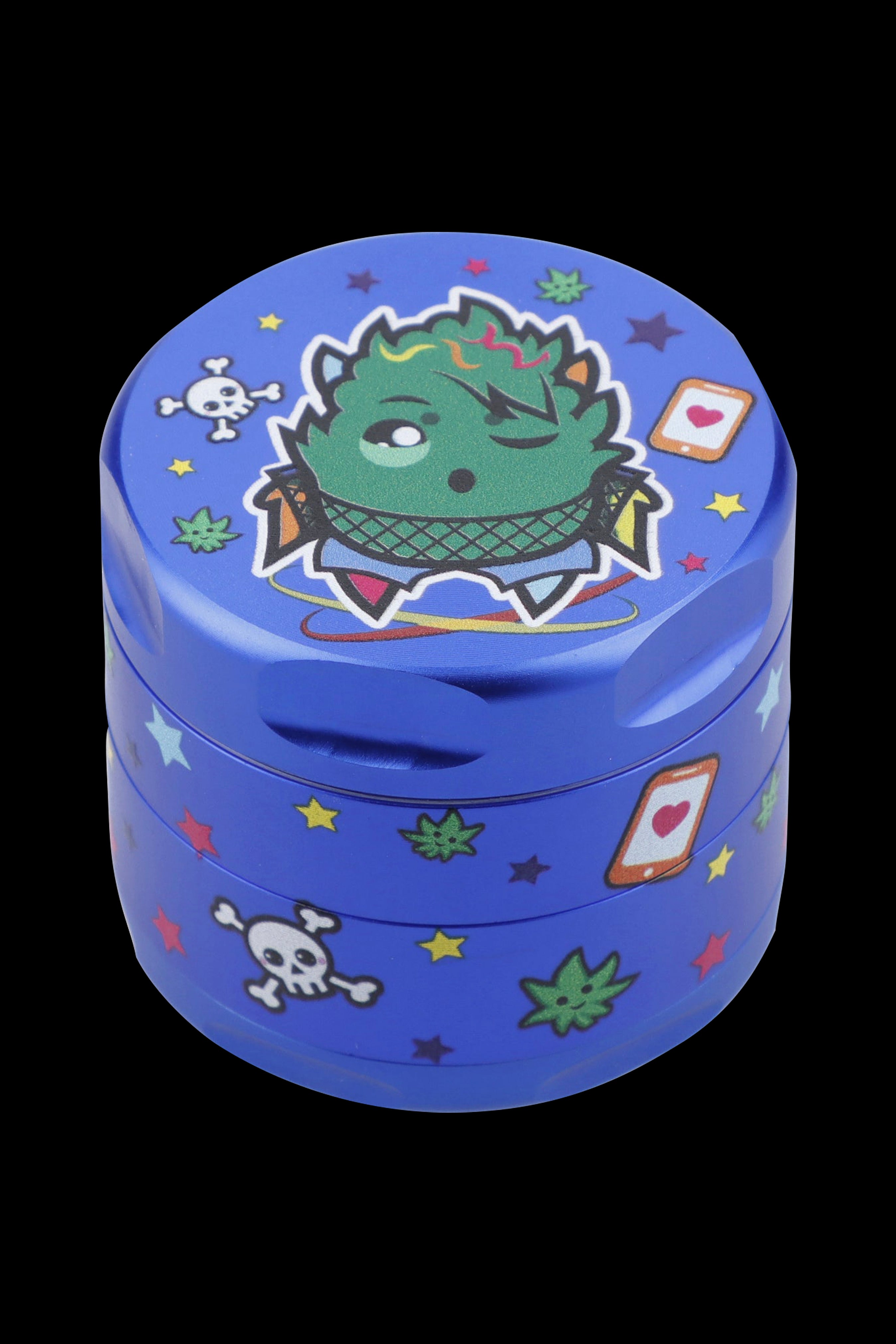 Blue grinder with cartoon cannabis-themed graphics including a marijuana bud pirate and cannabis leaves.