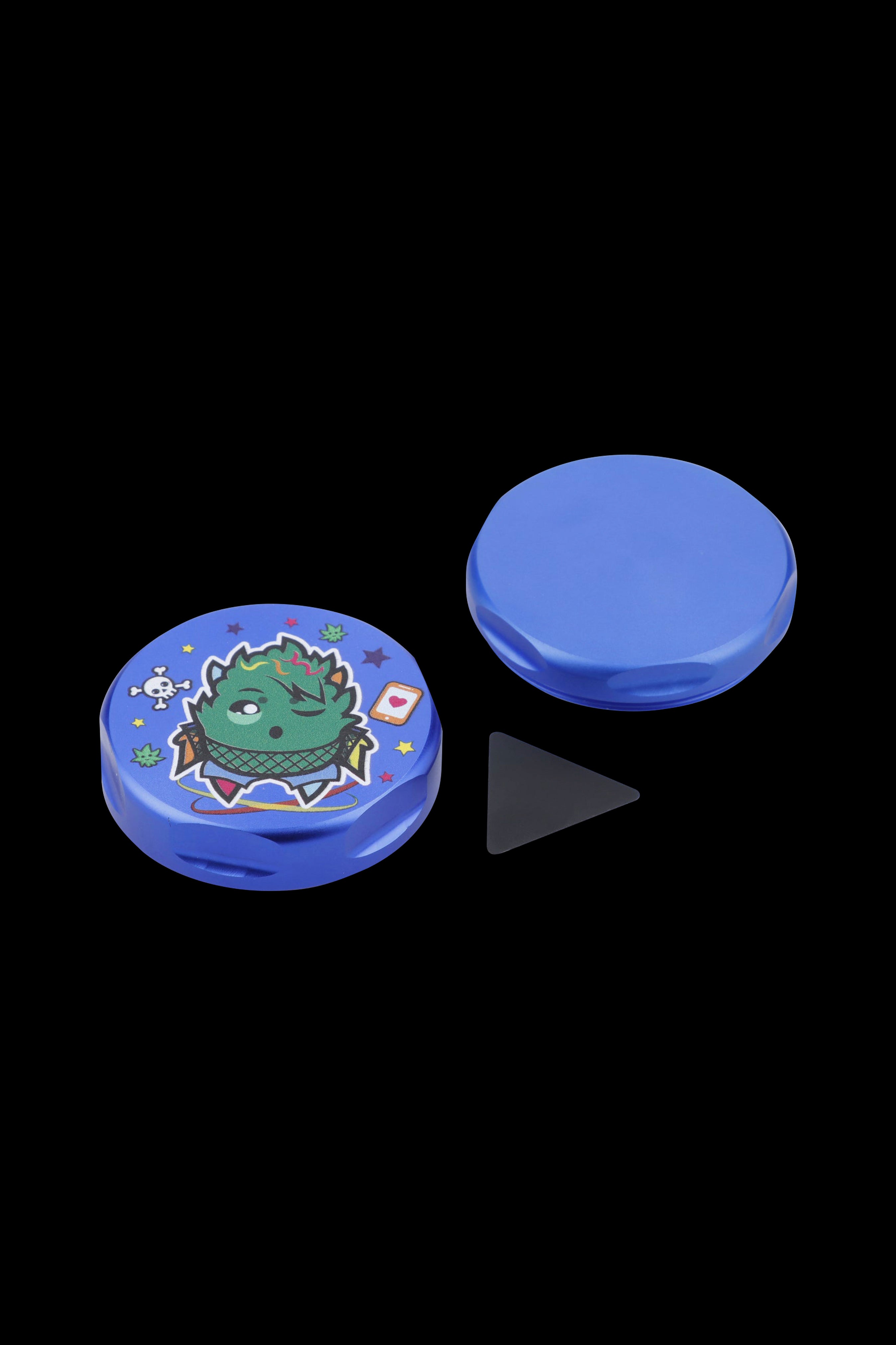 Blue cannabis accessory lid featuring a cartoon monster design.