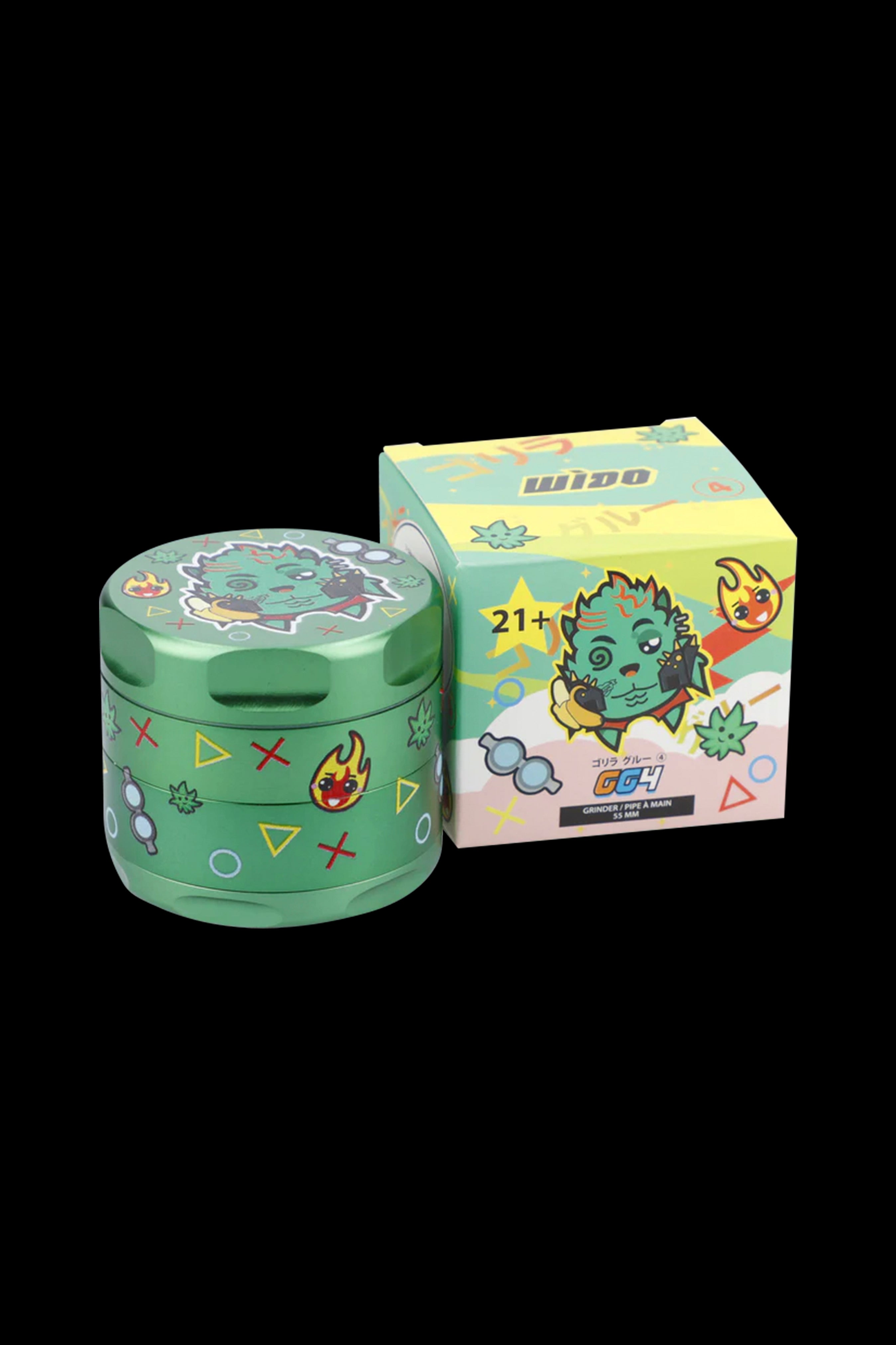 A colorful, cartoon-themed metal grinder and its packaging box.