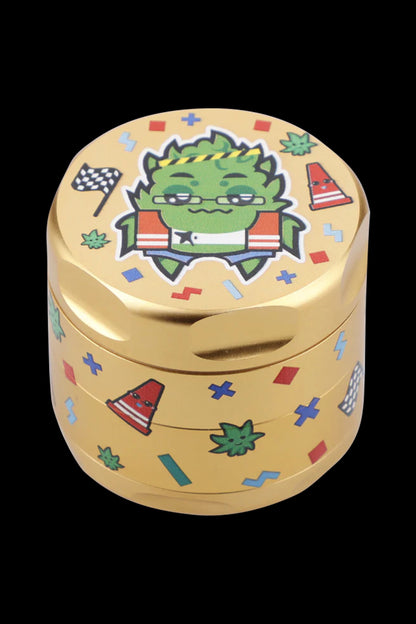 Wooden stash jar decorated with cartoon racing-themed designs and a smiling character wearing a helmet.