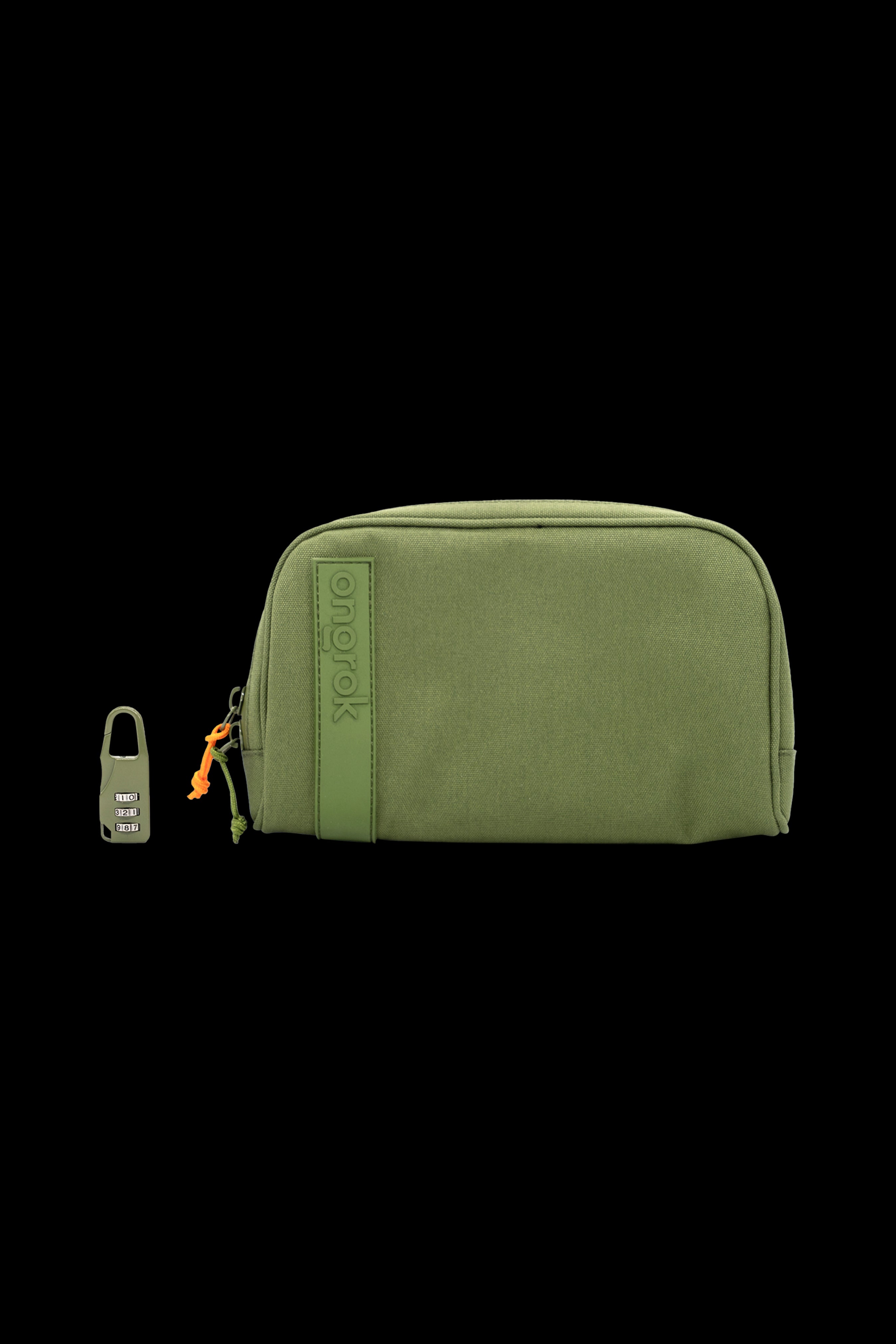 Olive green smell-proof bag with a zipper pull, branded "ongrok."